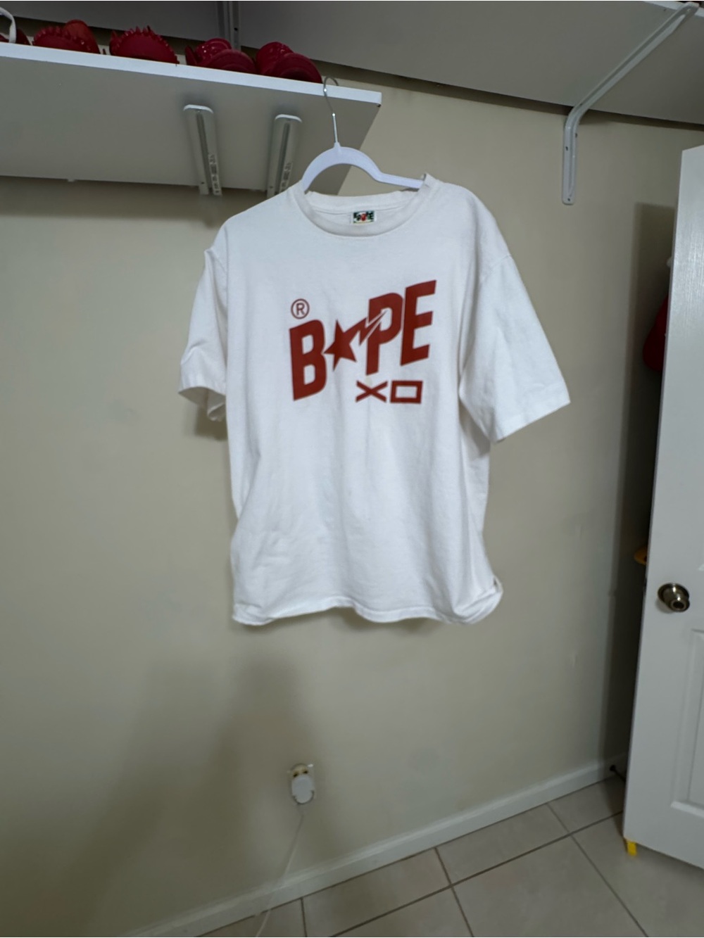 Bape White Short-Sleeve Tee with Red Logo Print